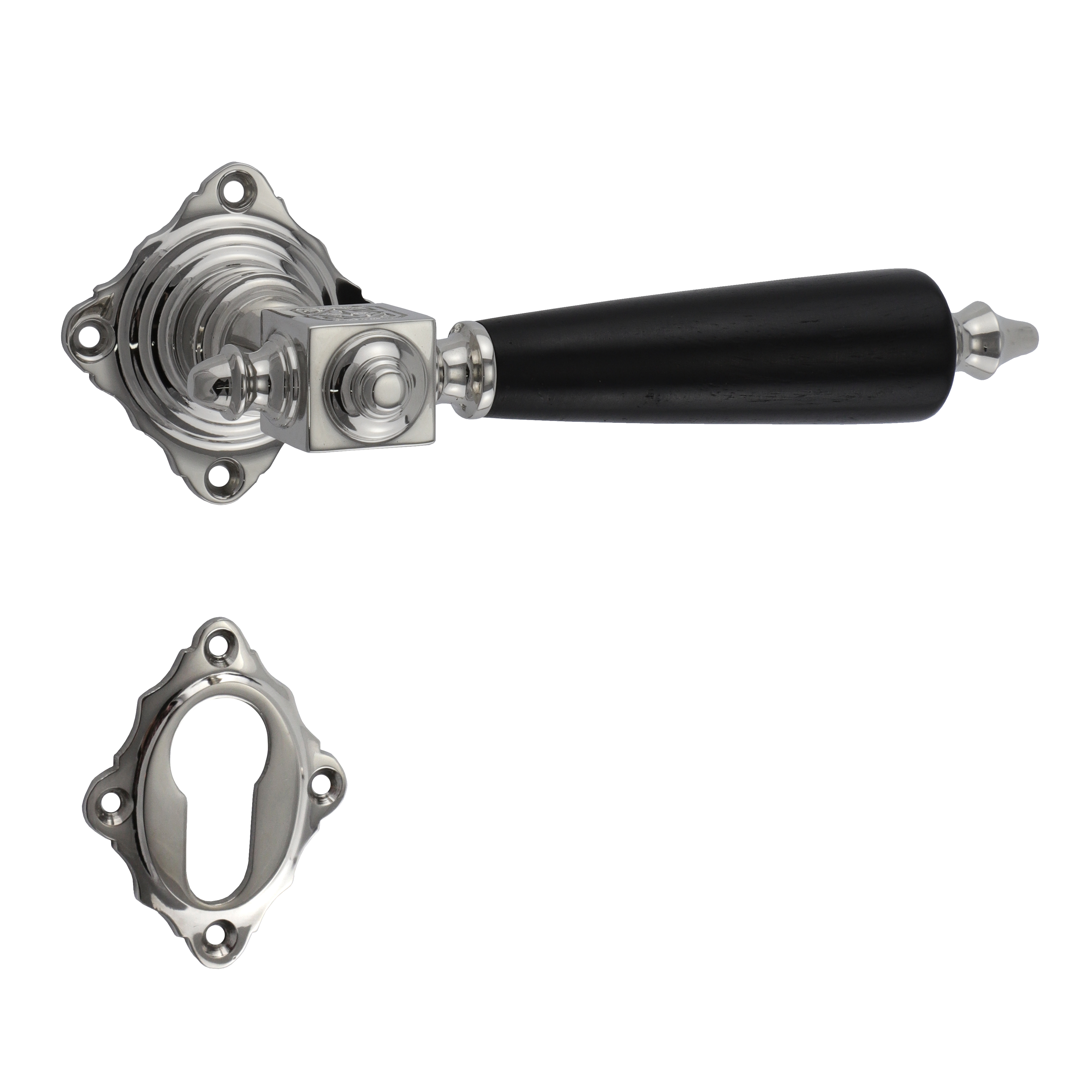 321.0174.10 Türgriffe mit PZ-Rosetten Messing vernickelt poliert Ebenholz Gründerzeit